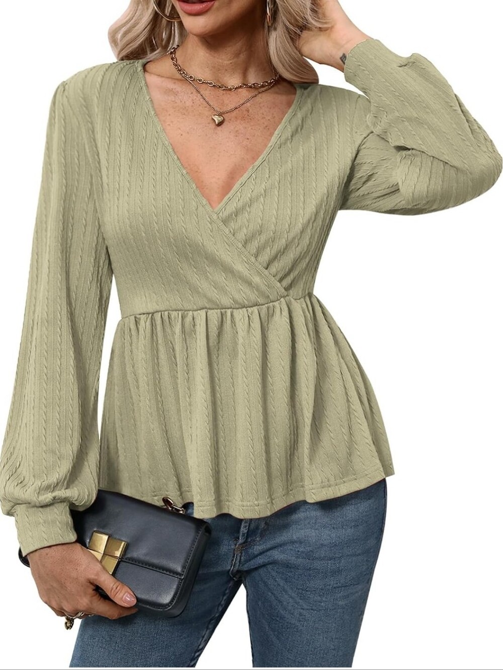 Wrap V Neck Long Sleeve Peplum Top Solid Cable Knit Ruffle Hem Casual Loose Fit